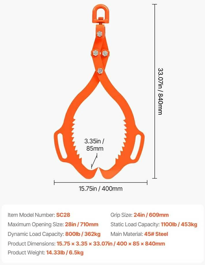 Rąstų griebtuvas 710 mm, 2 nagų, plieno, sukiojamas, rąstų keltuvas, žnyplės medienai