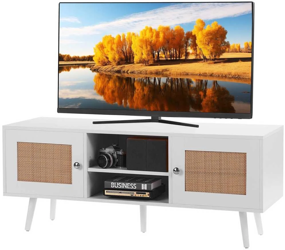 TV staliukas Ratano televizoriaus staliukas, boho vidurio amžiaus spintelė, reguliuojamos lentynos, 55 colių medijos konsolė