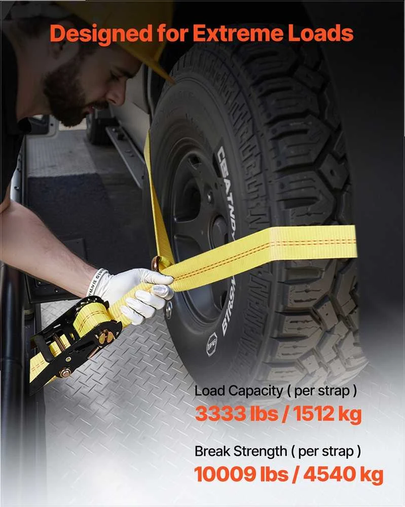 Ratų tvirtinimo diržų komplektas, padangos stiliaus priekabos tvirtinimo diržas su spyruokliniu kabliu, 4540 kg trūkimo jėga, 1512 kg darbinė apkrova, ATV, visureigiams, motociklams, transportavimo diržai