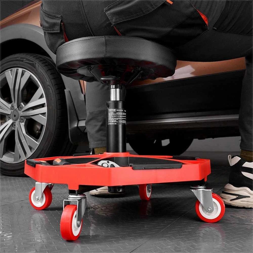 Ratukinė mechaniko kėdė su ratais garažui ir dirbtuvėms, reguliuojamas aukštis 136 kg apkrova, kėdutė su įrankių dėklu, juoda raudona darbinė kėdė, mobili kėdutė remontui