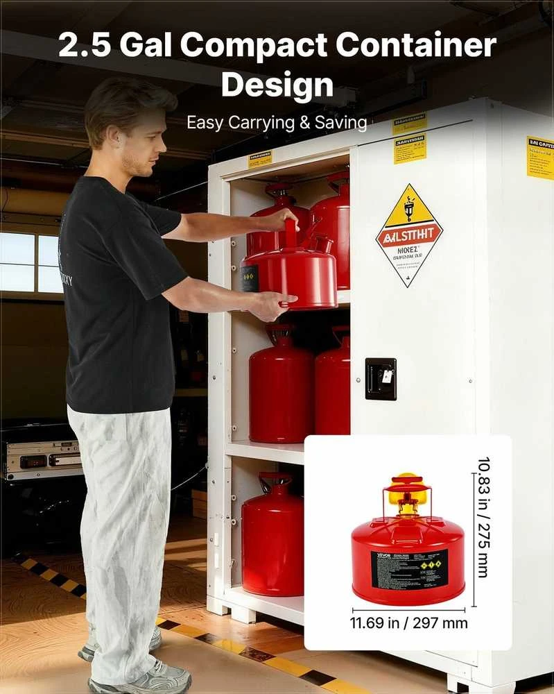 Raudonas saugus degalų kanistras 9.5 l benzino laikymui, sandarus savaime užsidarantis dangtelis, nerūdijančio plieno liepsnos slopintuvas, ergonomiška rankena, nešiojama kuro talpykla, metalinis bakas