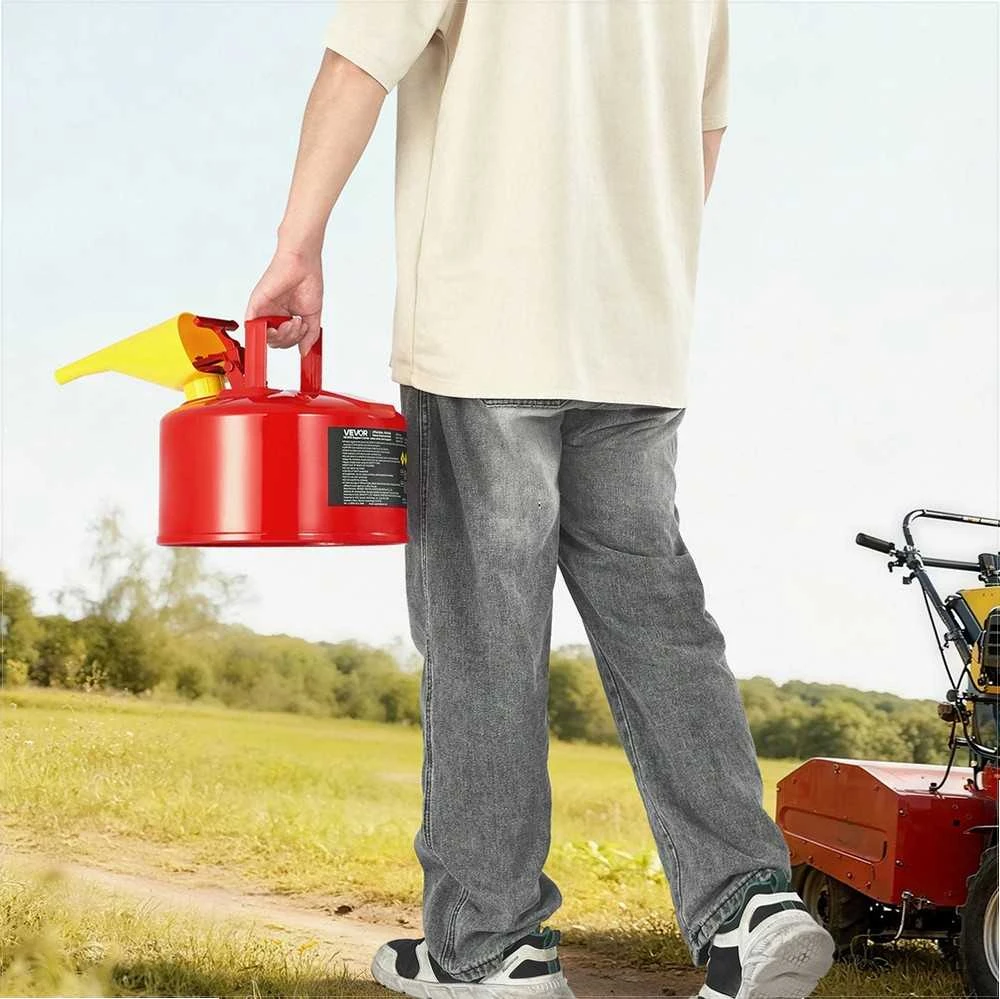 Raudonas saugus degalų kanistras 9.5 l benzino laikymui, sandarus savaime užsidarantis dangtelis, nerūdijančio plieno liepsnos slopintuvas, ergonomiška rankena, nešiojama kuro talpykla, metalinis bakas