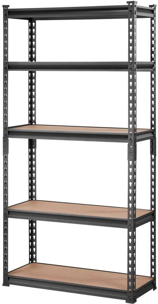 Reguliuojamas 5 lentynų metalinis stovas 907.18 kg apkrovai, juodas garažo lentynų blokas, metalinės lentynos, lentynos daiktams