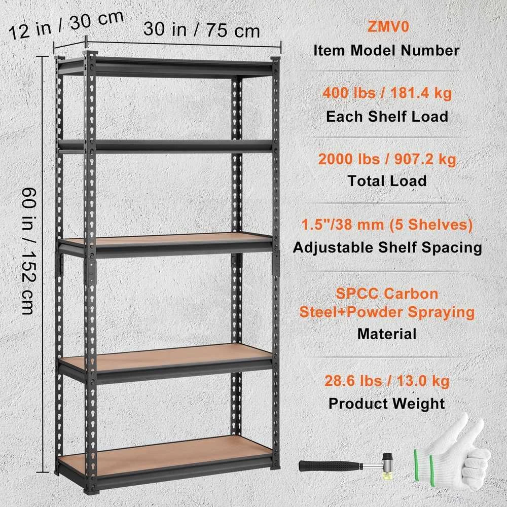Reguliuojamas 5 lentynų metalinis stovas 907.18 kg apkrovai, juodas garažo lentynų blokas, metalinės lentynos, lentynos daiktams