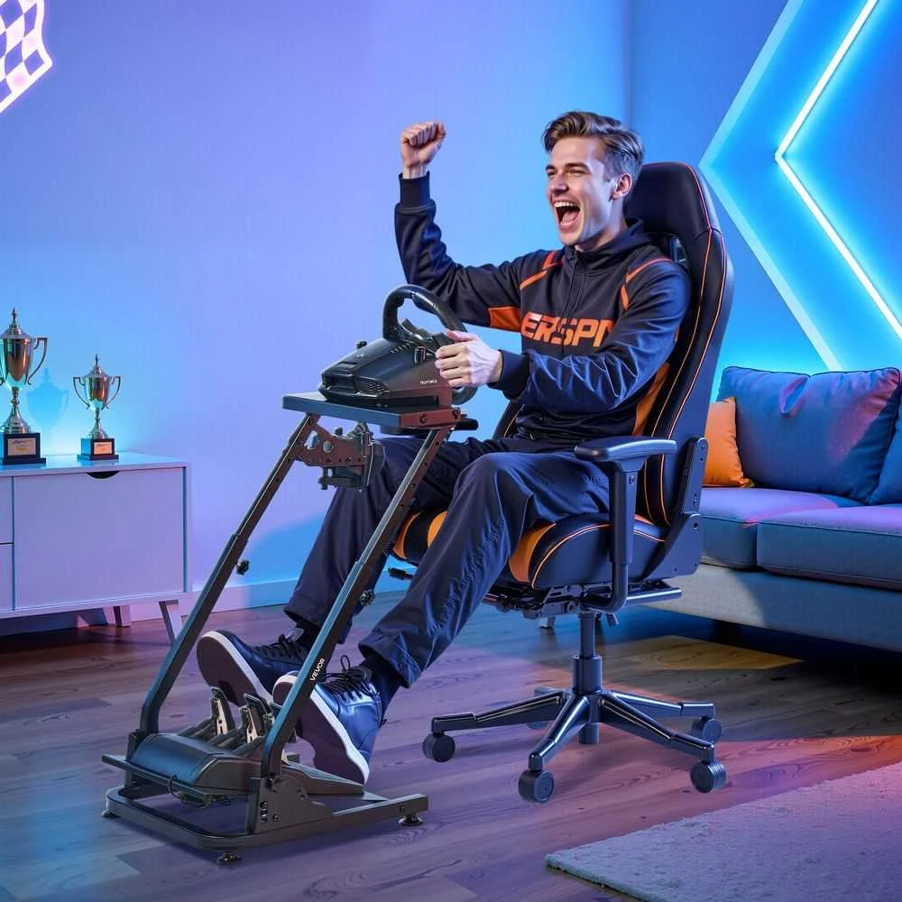 Reguliuojamas lenktynių vairo stovas, sulankstomas simuliatoriaus kokpitas, skirtas Logitech ir Thrustmaster vairams, žaidimų įranga, lenktyninių žaidimų priedai
