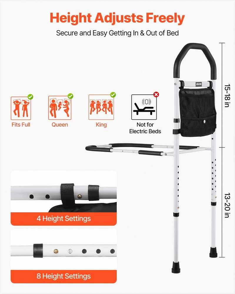 Reguliuojamas lovos turėklas senjorams, saugi pagalba atsikelti, tvirtas anglinis plienas, ergonomiška rankena, pagalbinis šoninis turėklas pacientams, iki 136 kg apkrova