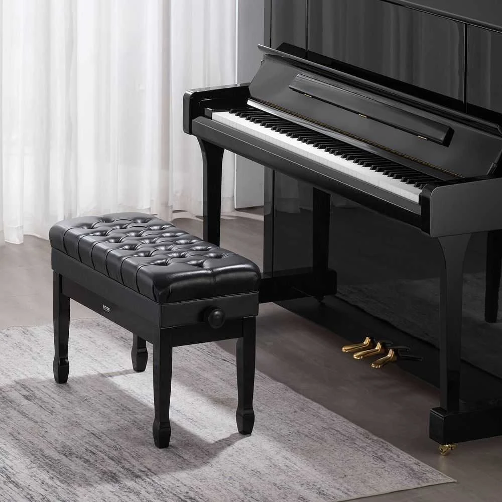 Reguliuojamas pianino suoliukas su daiktadėže, paminkštinta pianino kėdė, medinė pianino sėdynė muzikantams, su natų saugykla, reguliuojamo aukščio suoliukas