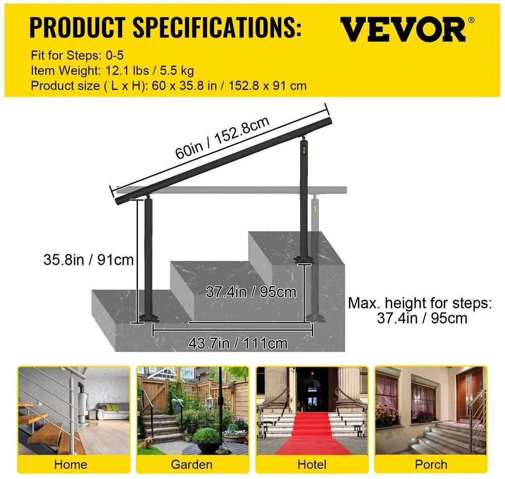 VEVOR Laiptų turėklų komplektas 5 FT, juodas aliuminis