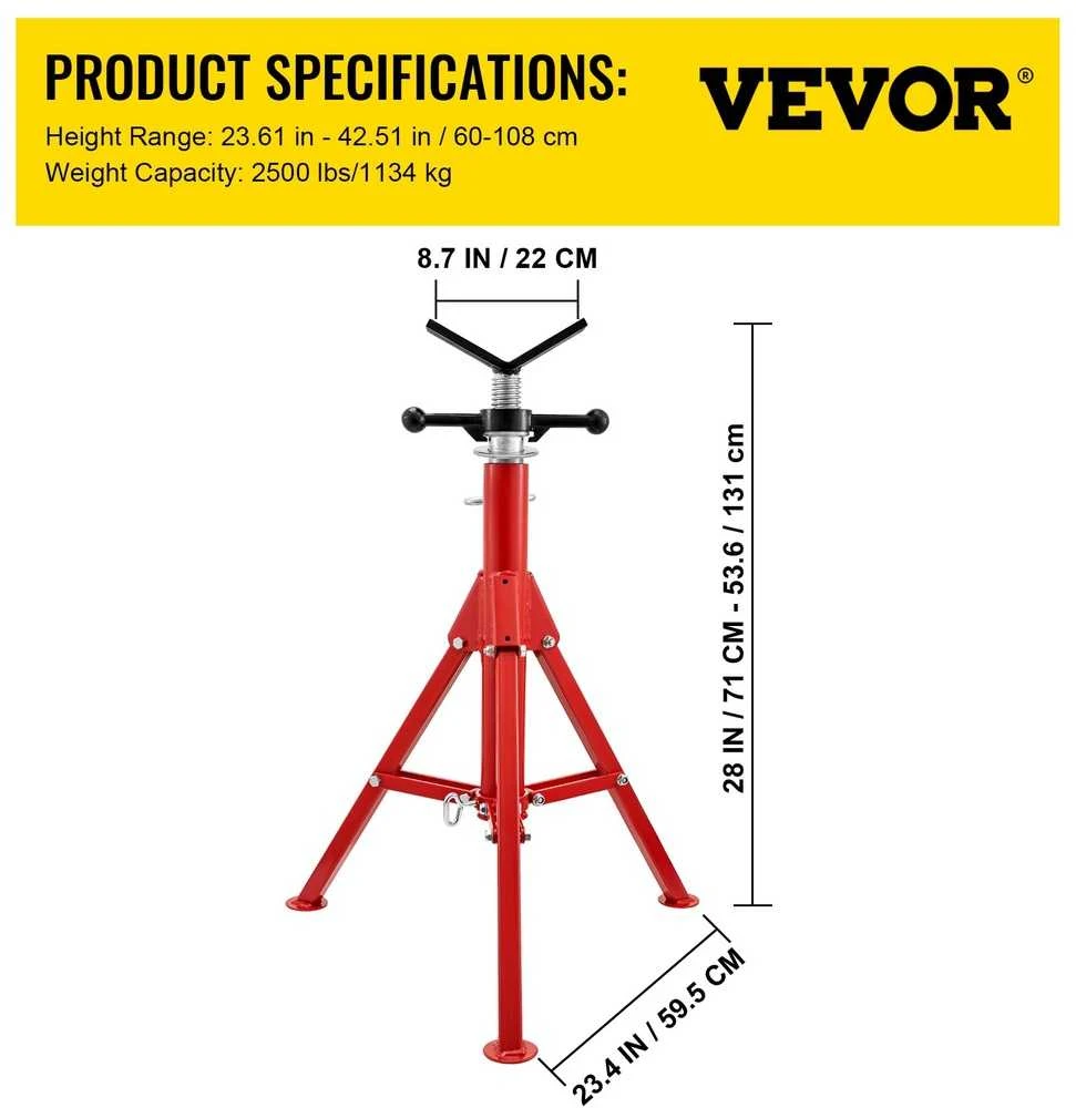 Reguliuojamas V formos vamzdžių stovas, tvirtas plieno, sriegimui, 71.1-132.1 cm aukščio, 0.3-30.5 cm skersmens, vamzdžiams laikyti, metalinis