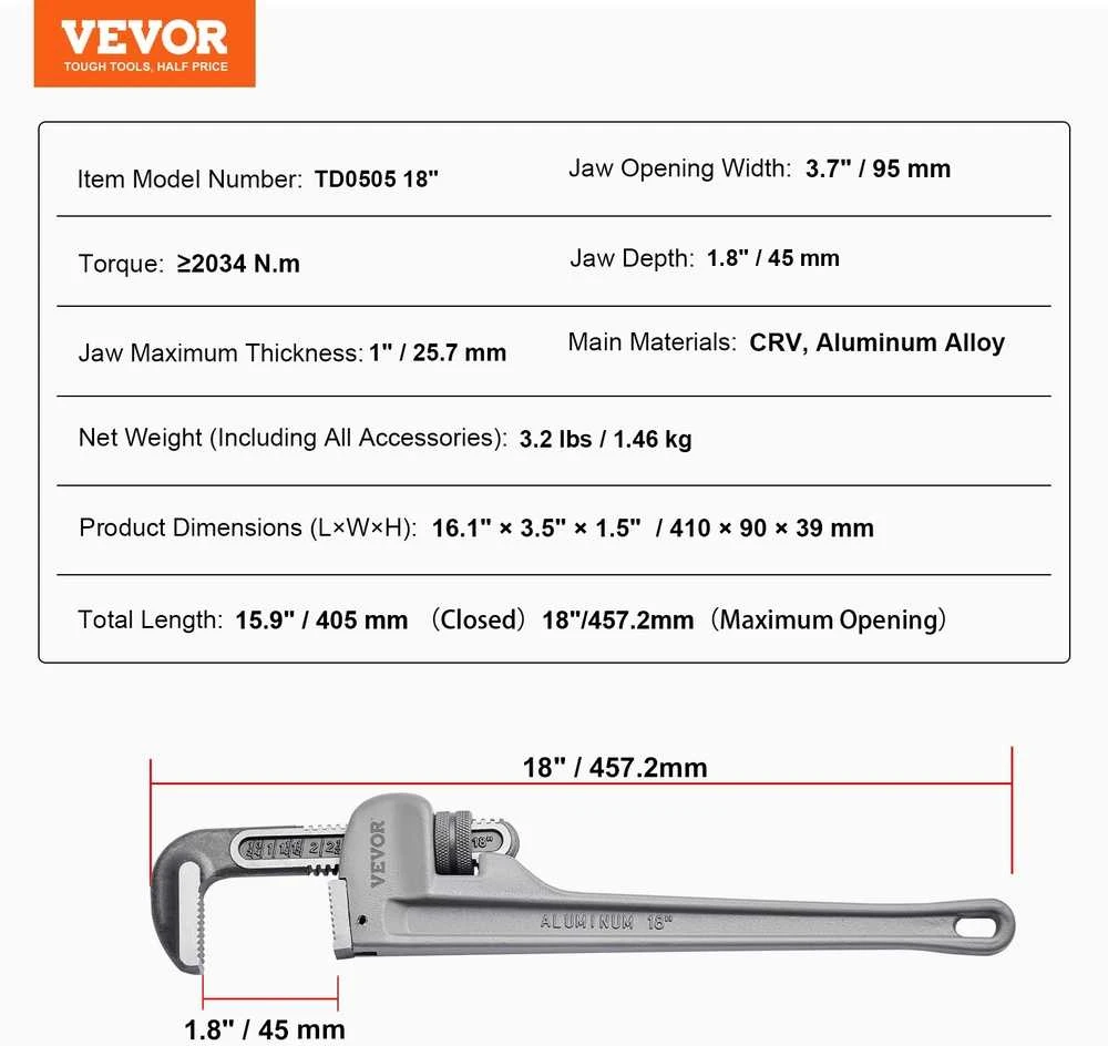 VEVOR Reguliuojamas aliuminio vamzdžių raktas 45 cm