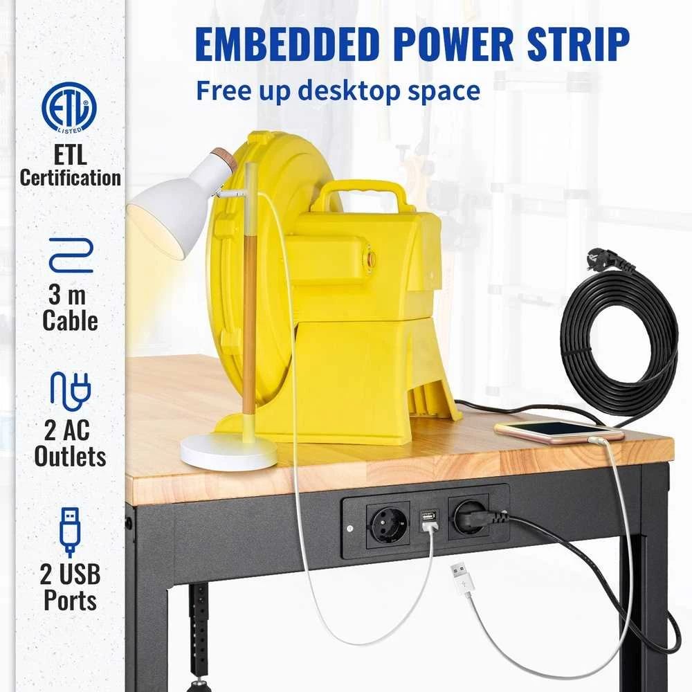 Reguliuojamo aukščio darbastalis, tvirtas garažo stalas, su maitinimo lizdais, kietmedžio stalviršis, biurui, namams, 122cm x 61cm