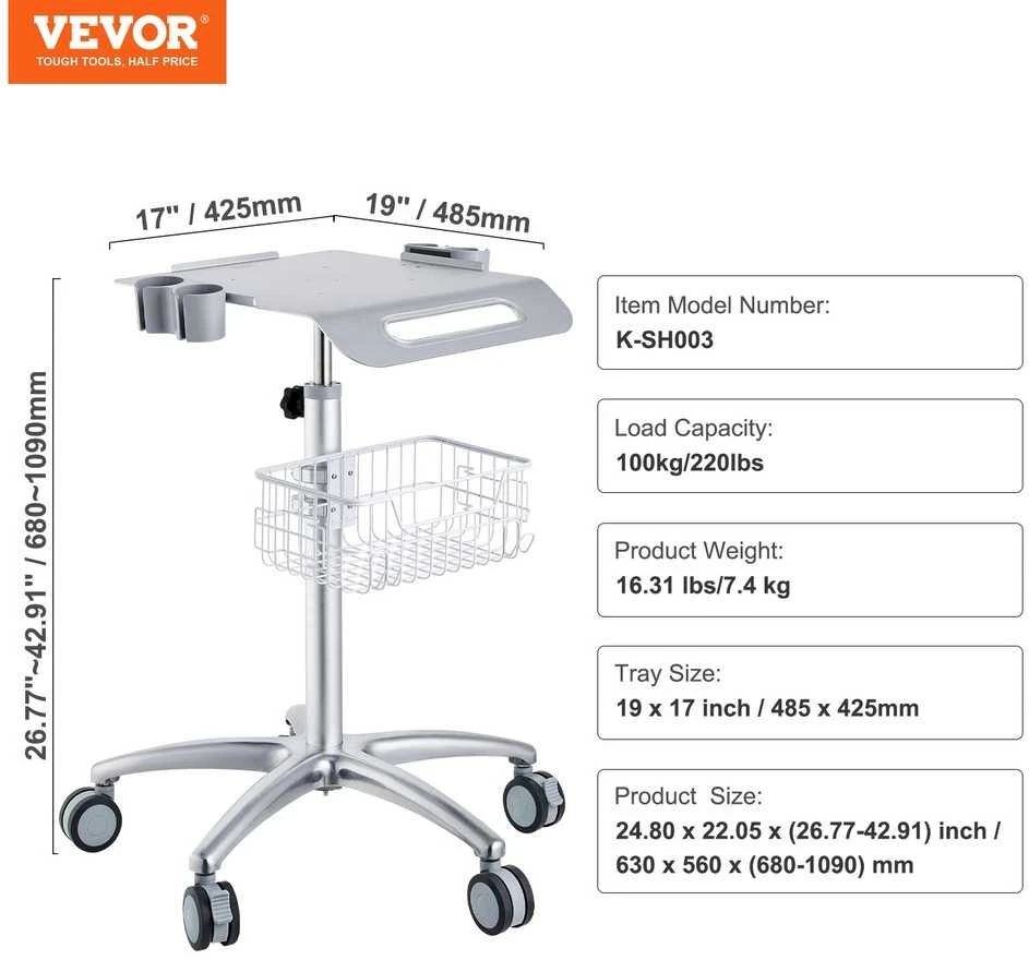 VEVOR Medicininis vežimėlis su ratukais reguliuojamas aukštis