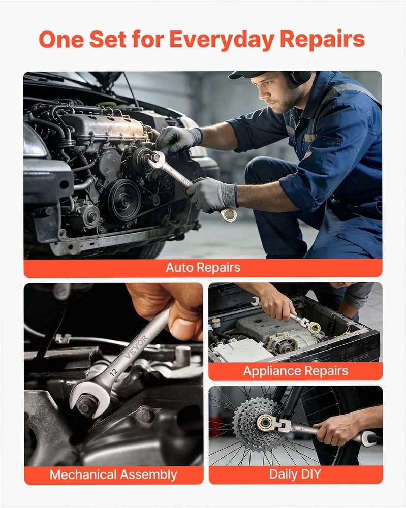 VEVOR Reketinių raktų rinkinys su lanksčia galvute buities ir automobilių remontui, 12 dalių metrinis derinys, lanksti konstrukcija, 72 dantų reketas, susukamas dėklas, įrankių komplektas