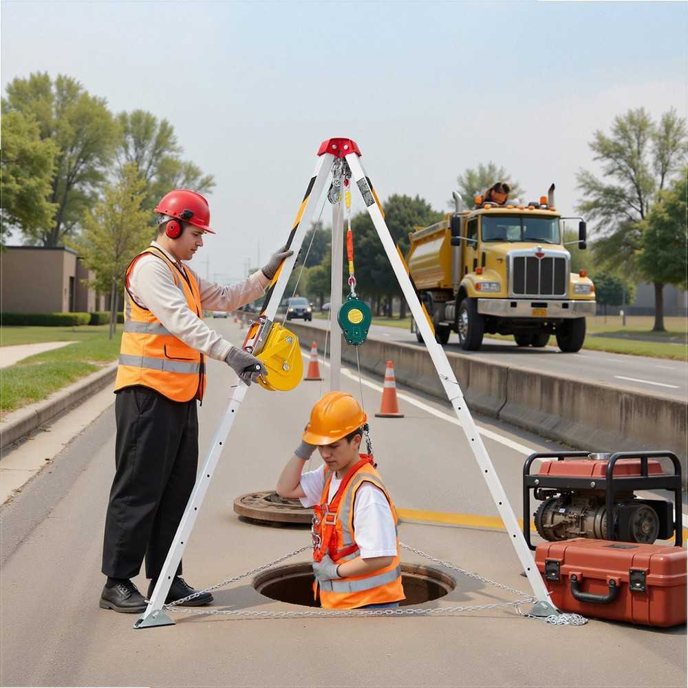 Ribotų erdvių gelbėjimo trikojo rinkinys, tvirtas kėlimo keltuvas, reguliuojamos kojos 1.34-2.15 m, nešiojamas su 19.8 m kabeliu, apsaugos nuo kritimo trikojis, gelbėjimo įranga darbui aukštyje