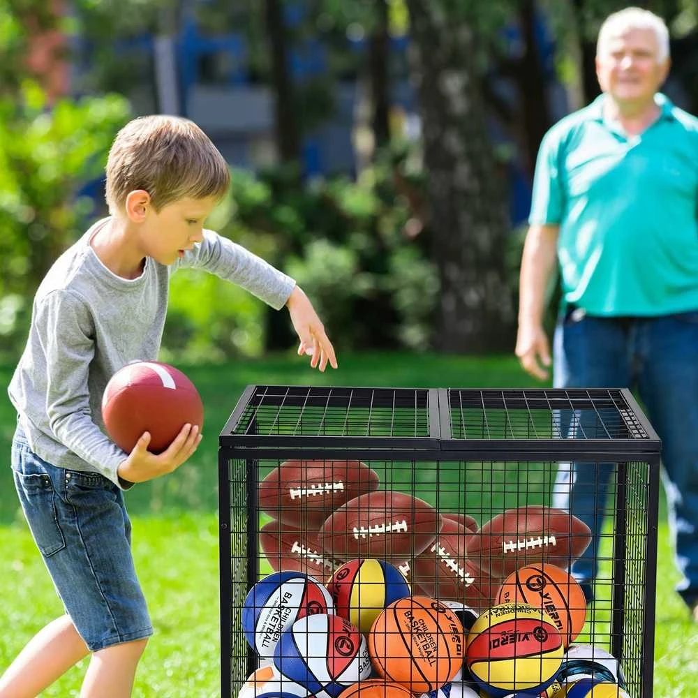 Riedantis sportinių kamuolių laikymo vežimėlis tvarkymui, užrakinamas krepšinio kamuolių narvas, plieno laikymo stelažas, sportinės įrangos laikiklio organizatorius
