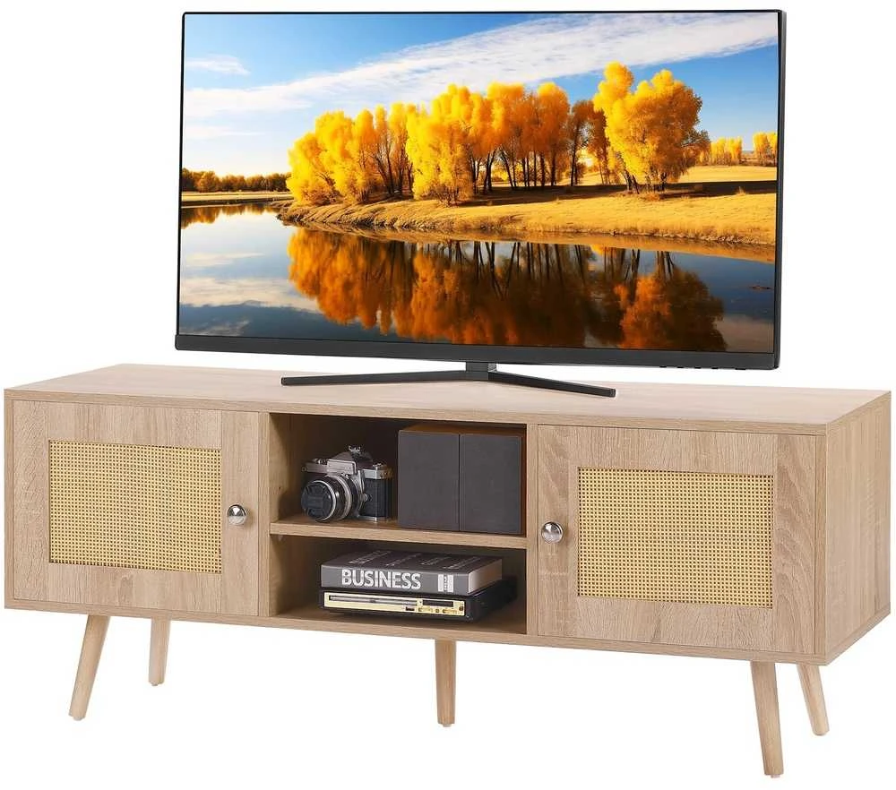Rotango TV staliukas 1397 mm (55 colių) televizoriui, boho stiliaus, su reguliuojamomis lentynomis, ąžuolo spalvos