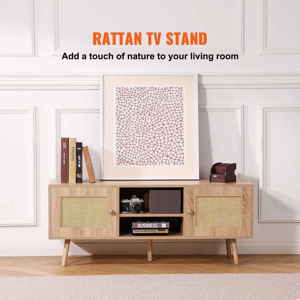 Rotango TV staliukas 1397 mm (55 colių) televizoriui, boho stiliaus, su reguliuojamomis lentynomis, ąžuolo spalvos