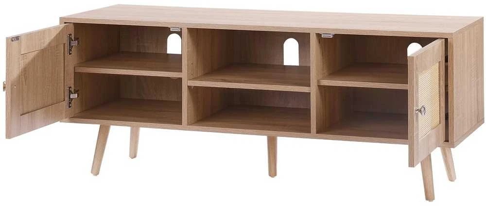 Rotango TV staliukas 1397 mm (55 colių) televizoriui, boho stiliaus, su reguliuojamomis lentynomis, ąžuolo spalvos
