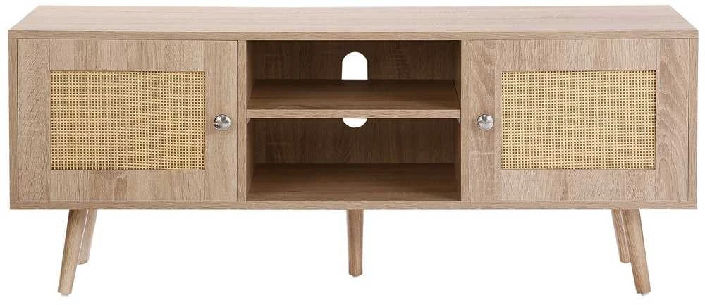 Rotango TV staliukas 1397 mm (55 colių) televizoriui, boho stiliaus, su reguliuojamomis lentynomis, ąžuolo spalvos