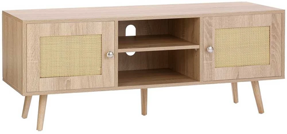 Rotango TV staliukas 1397 mm (55 colių) televizoriui, boho stiliaus, su reguliuojamomis lentynomis, ąžuolo spalvos