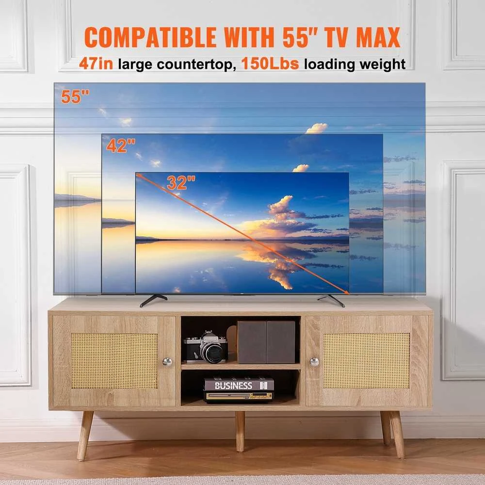 Rotango TV staliukas 1397 mm (55 colių) televizoriui, boho stiliaus, su reguliuojamomis lentynomis, ąžuolo spalvos