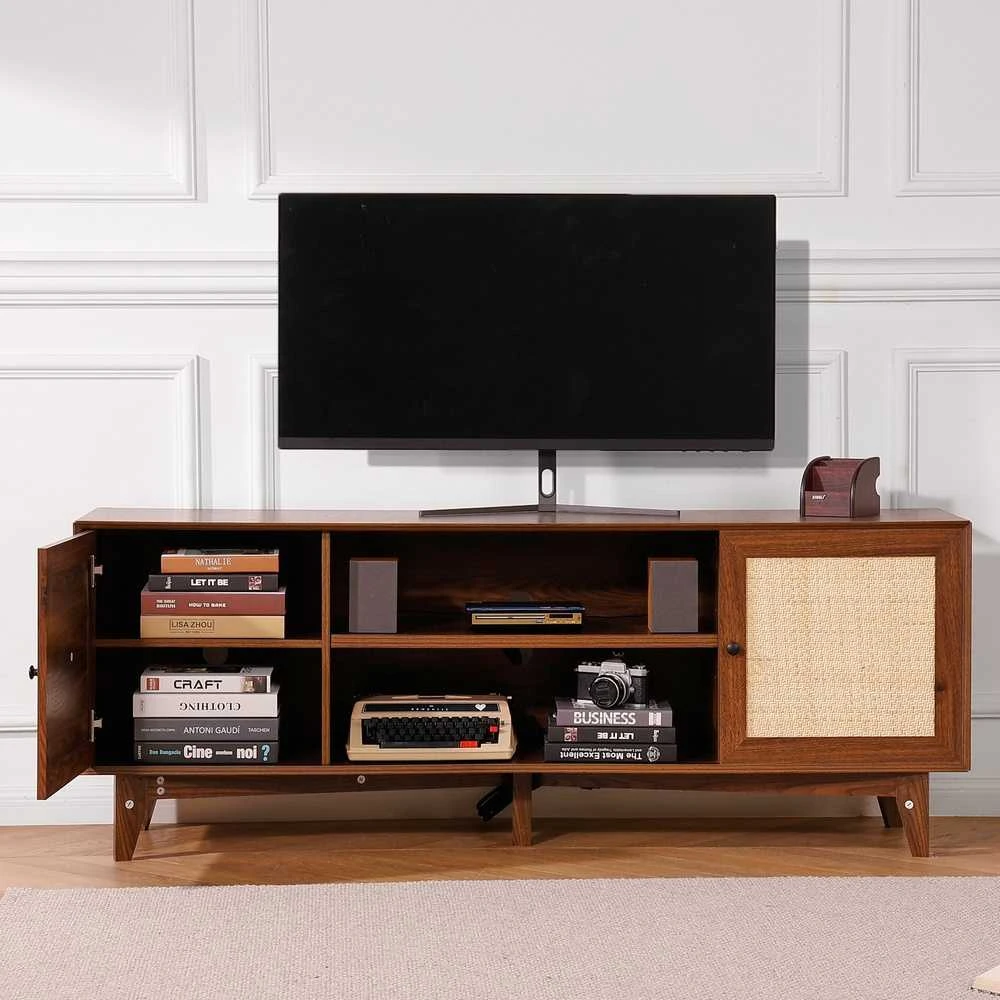 Rotango TV Staliukas 191 cm Televizoriui, Riešuto Spalvos TV Spintelė, Boho TV Staliukas, Medinė TV Konsolė
