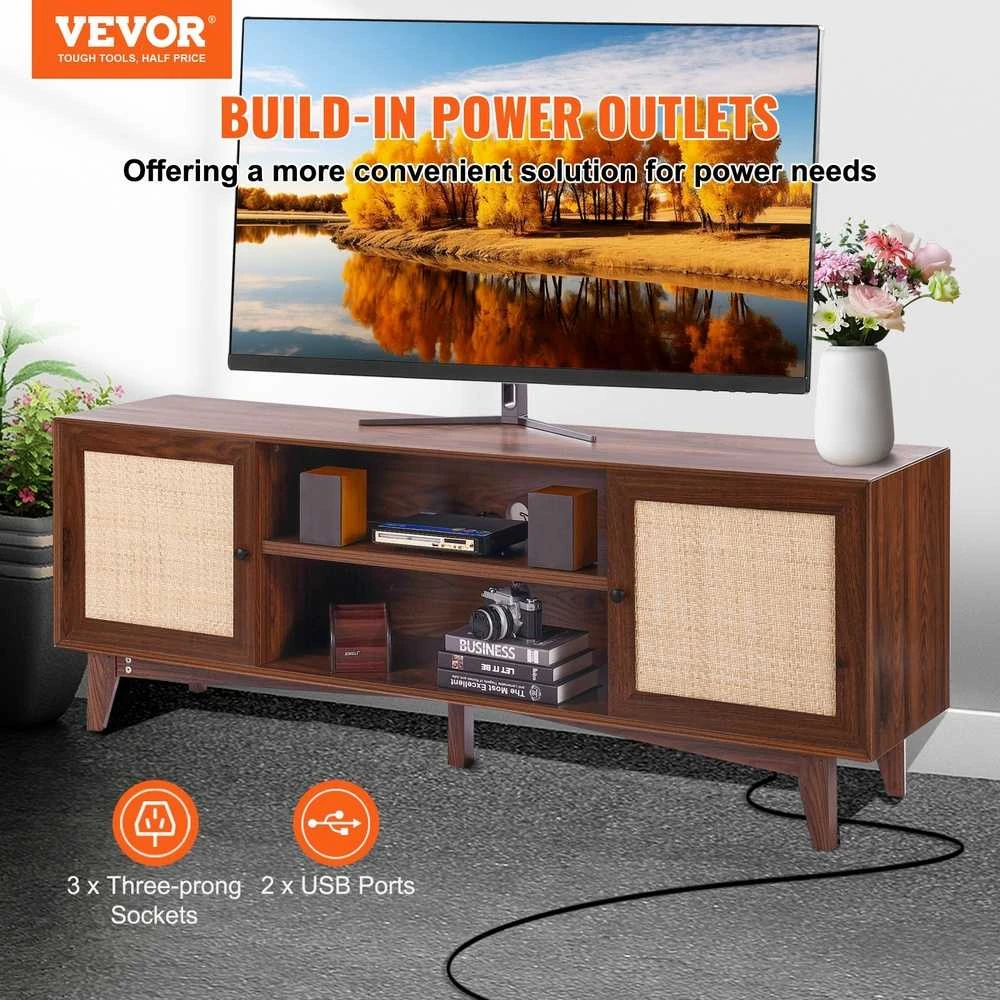 Rotango TV Staliukas 191 cm Televizoriui, Riešuto Spalvos TV Spintelė, Boho TV Staliukas, Medinė TV Konsolė