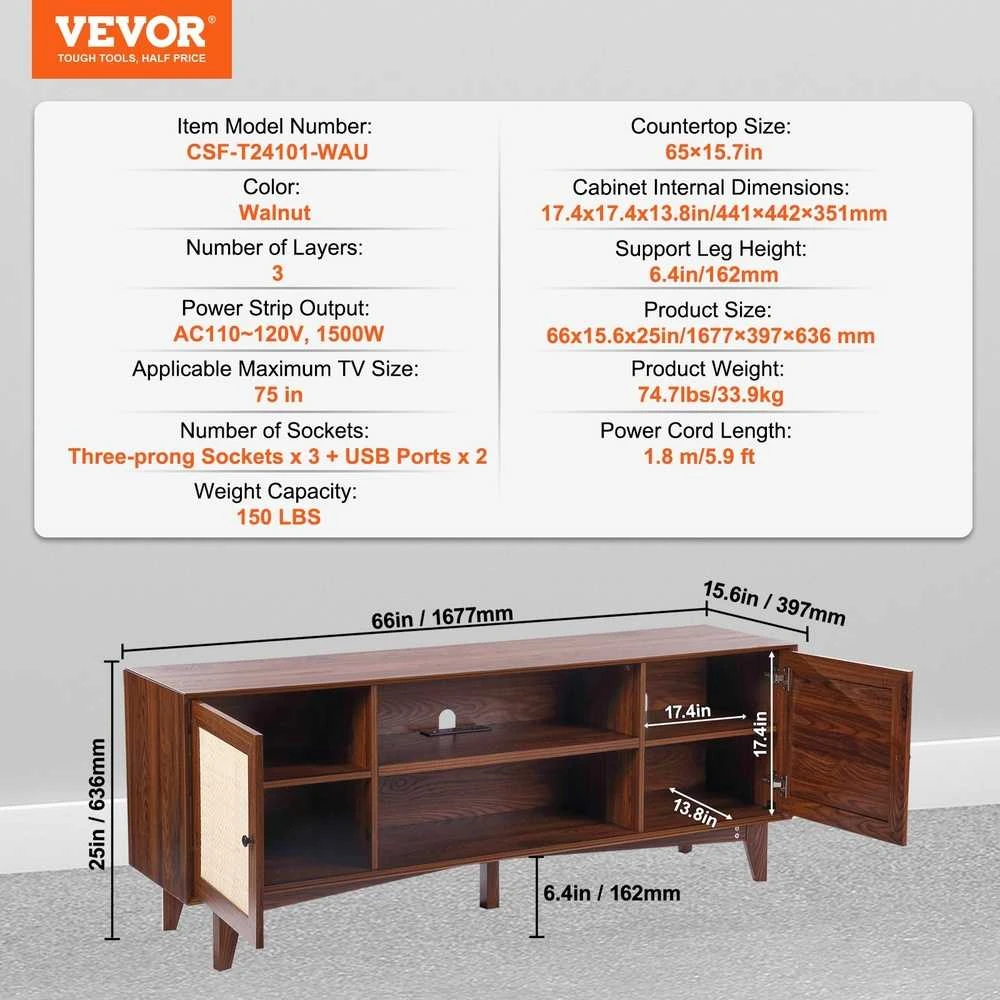 Rotango TV Staliukas 191 cm Televizoriui, Riešuto Spalvos TV Spintelė, Boho TV Staliukas, Medinė TV Konsolė