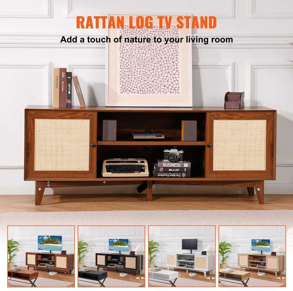 Rotango TV Staliukas 191 cm Televizoriui, Riešuto Spalvos TV Spintelė, Boho TV Staliukas, Medinė TV Konsolė