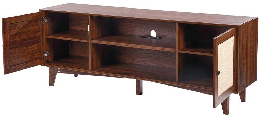 Rotango TV Staliukas 191 cm Televizoriui, Riešuto Spalvos TV Spintelė, Boho TV Staliukas, Medinė TV Konsolė