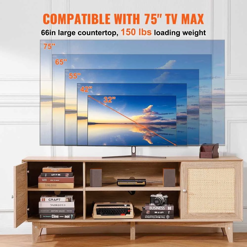 Rotango TV staliukas 191cm TV, ąžuolo apdaila, su rozete, TV spintelė, komoda