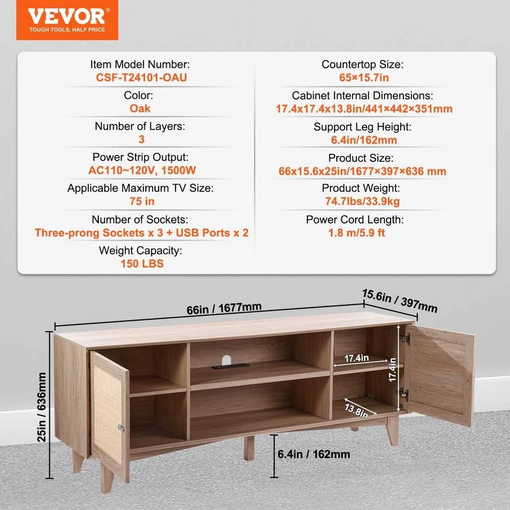 Rotango TV staliukas 191cm TV, ąžuolo apdaila, su rozete, TV spintelė, komoda