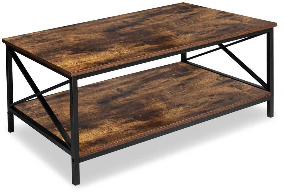Rustiškas lofto stiliaus kavos staliukas su metaliniu rėmu, juodos ir sendinto ąžuolo spalvos, 100x55 cm, svetainės staliukas, žurnalinis staliukas, prie sofos
