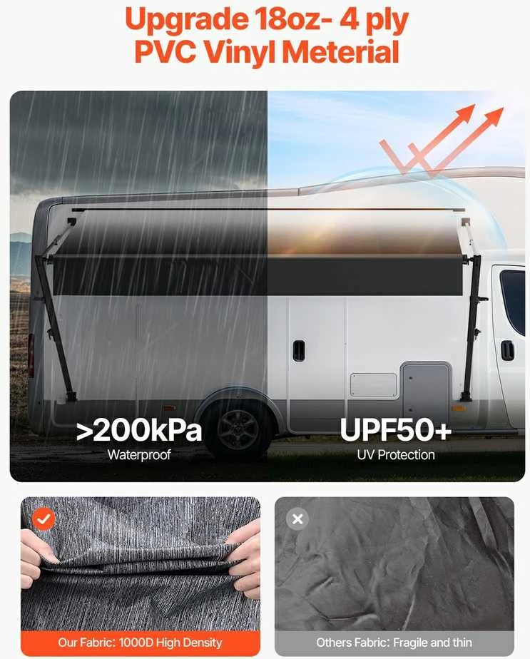RV tento pakeitimas, 18oz PVC vinilo tentas priekaboms, DC12V RV tentas su durų kreipikliu, vandeniui atsparus RV tentas