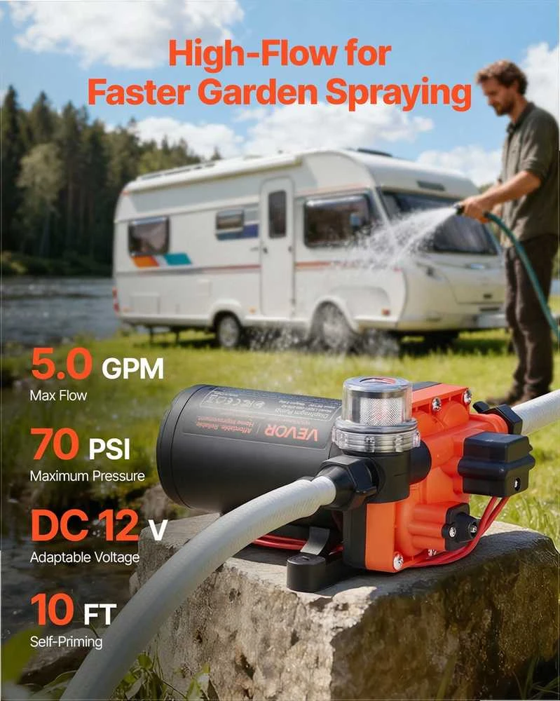 RV vandens siurblys, 12V DC 18.9 L/min diafragminis siurblys su slėgio jungikliu, 4.83 bar, nameliams ant ratų, laivams, jachtoms, automobilių plovimui, vandens tiekimo sistema