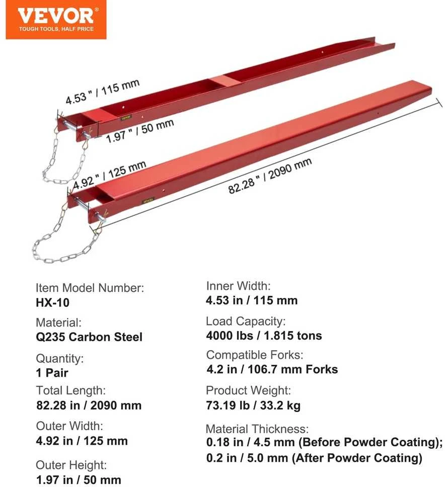 Šakinių prailgintojai, krautuvo šakių ilgintuvai, 2090 mm, 4.92 colio, plieniniai, tvirti, padėklai