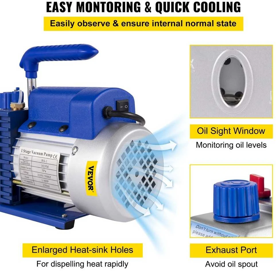Šaldymo vakuuminis siurblys 3 CFM, HVAC, manometras, AC įrankiai, kondicionierių aptarnavimui