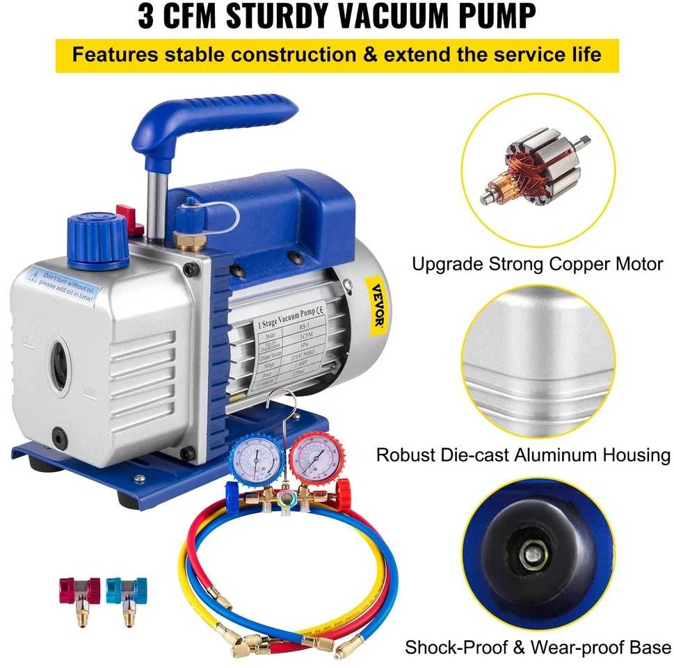 Šaldymo vakuuminis siurblys 3 CFM, HVAC, manometras, AC įrankiai, kondicionierių aptarnavimui