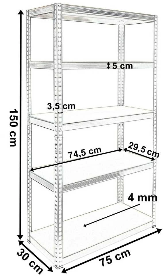 Sandėliavimo stelažas, 5 lentynos, juodas, 150x75x30 cm, 625 kg, lentynų blokas, garažo lentynos, metalinis stelažas, sandėliavimo lentynos
