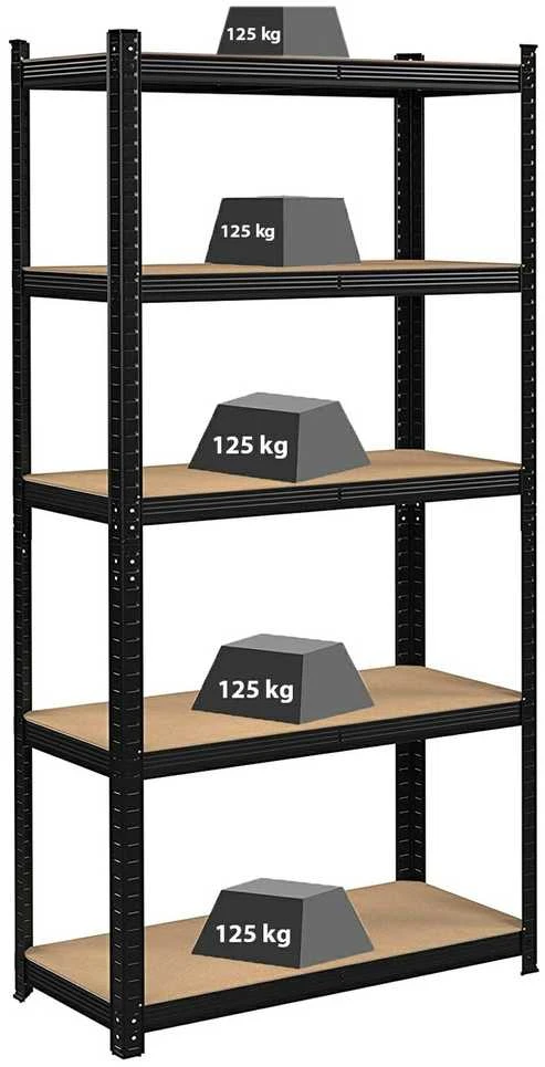 Sandėliavimo stelažas, 5 lentynos, juodas, 150x75x30 cm, 625 kg, lentynų blokas, garažo lentynos, metalinis stelažas, sandėliavimo lentynos