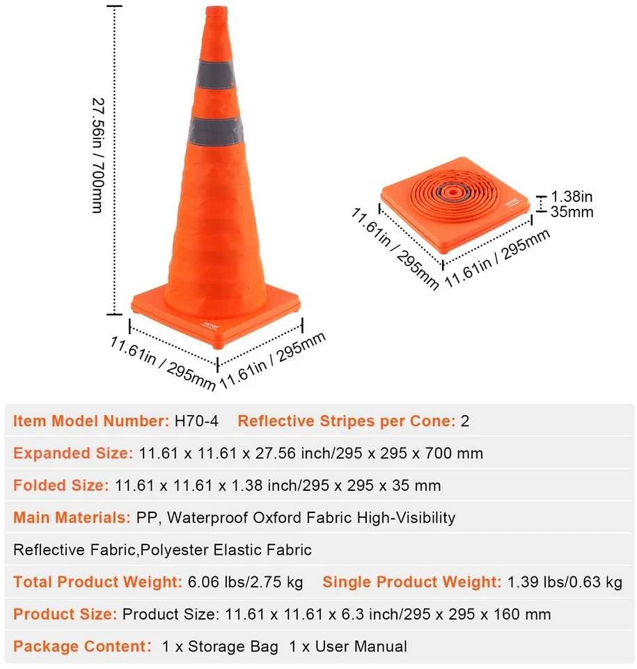 Saugos kūgiai, 4 vnt., 70 cm sulankstomi eismo kūgiai, su atšvaitinėmis juostelėmis, plataus pagrindo statybiniai kūgiai, oranžiniai stovėjimo kūgiai