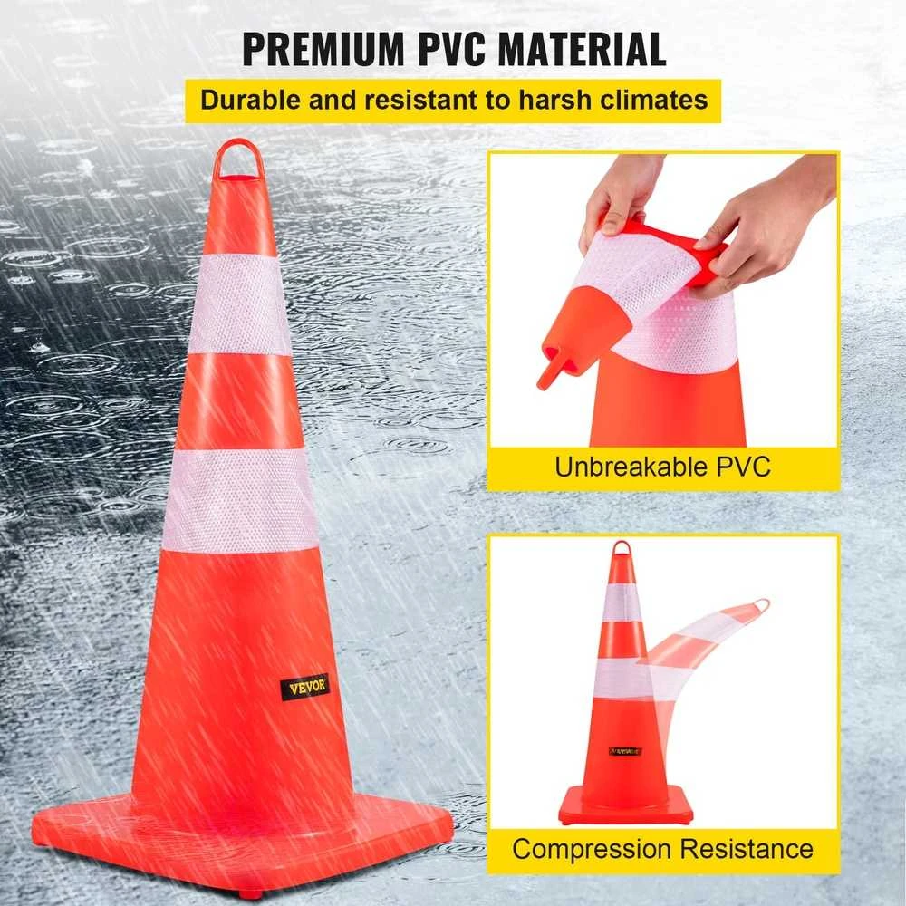 VEVOR Saugos kūgiai 6 vnt. 73 cm PVC oranžiniai statybiniai eismo kūgiai su 2 atšvaitais, svertiniu pagrindu, automobilių stovėjimo aikštelėms, keliams