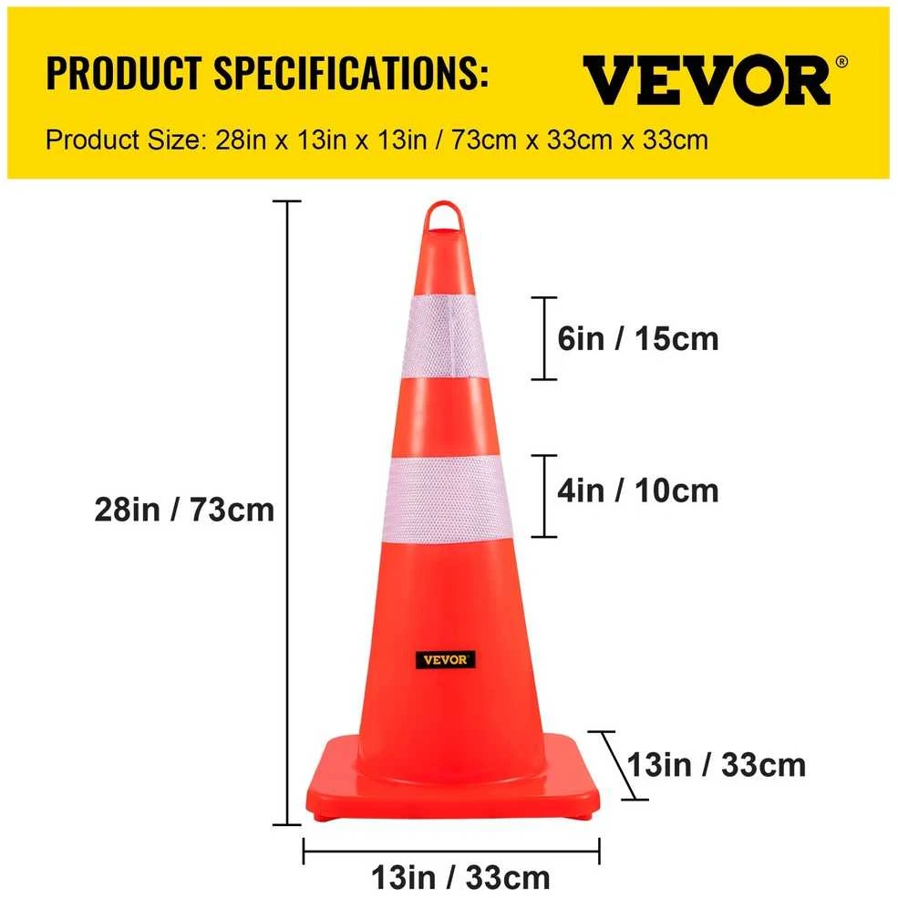 VEVOR Saugos kūgiai 6 vnt. 73 cm PVC oranžiniai statybiniai eismo kūgiai su 2 atšvaitais, svertiniu pagrindu, automobilių stovėjimo aikštelėms, keliams