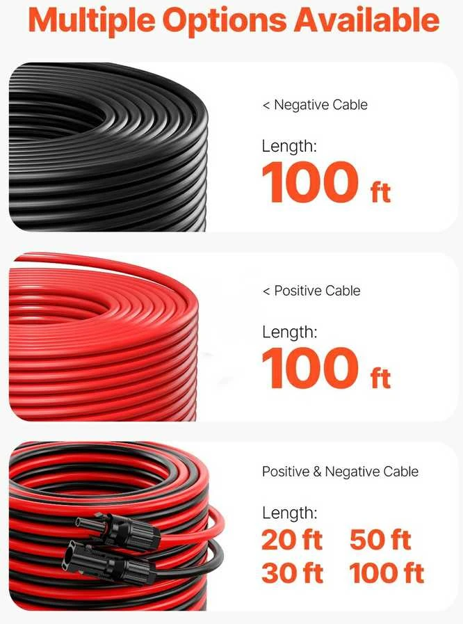 Saulės baterijos prailginimo laidas, 30.48m 10AWG MC4 jungtys, 1500V 30A saulės kabelis, saulės baterijos prailginimo kabelis