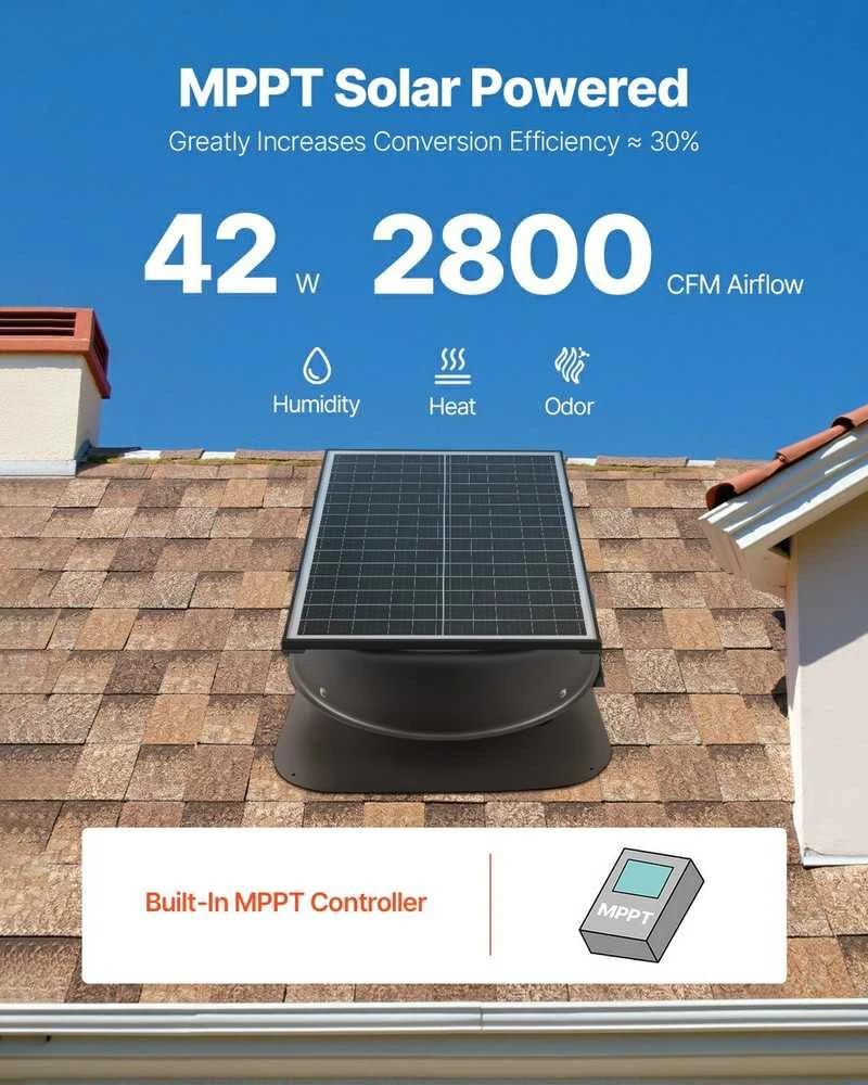 Saulės energija varomas palėpės ventiliatorius, 42W, su termostatu, nuotoliniu valdymu, aliuminio lydinio, juodas, 2800 CFM, stogo ventiliatorius, palėpės aušinimo ventiliator
