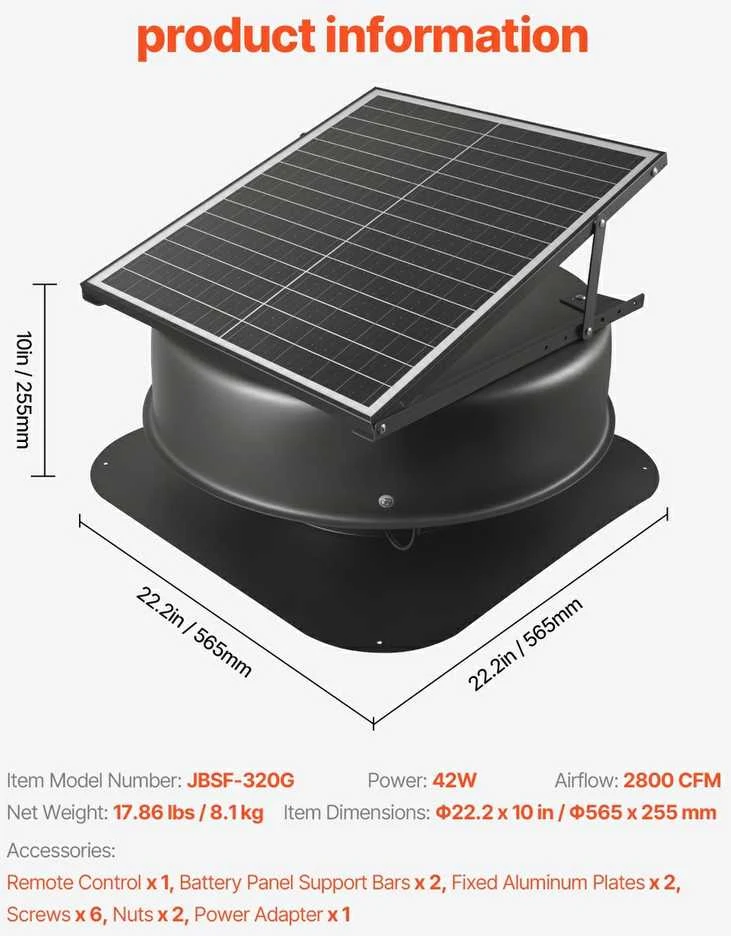 Saulės energija varomas palėpės ventiliatorius, 42W, su termostatu, nuotoliniu valdymu, aliuminio lydinio, juodas, 2800 CFM, stogo ventiliatorius, palėpės aušinimo ventiliator