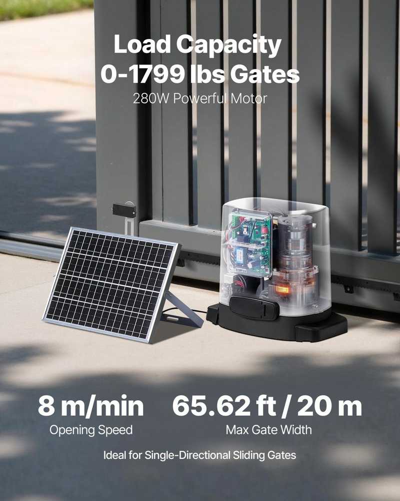 Saulės energijos stumdomų vartų atidarytuvas, 280 W elektrinis variklis, infraraudonųjų spindulių jutiklis, 816 kg vartų talpa, automatinė stumdomų vartų sistema