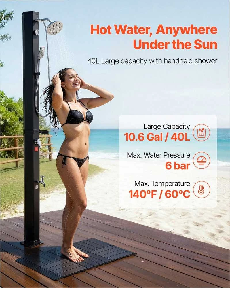 Saulės šildomas lauko dušas 40L su grindų rinkiniu, rankiniu purkštuvu ir kojų čiaupu, 205cm galvutė, reguliuojamas karštas šaltas vanduo, laisvai pastatomas sodo dušas kiemui ar baseinui