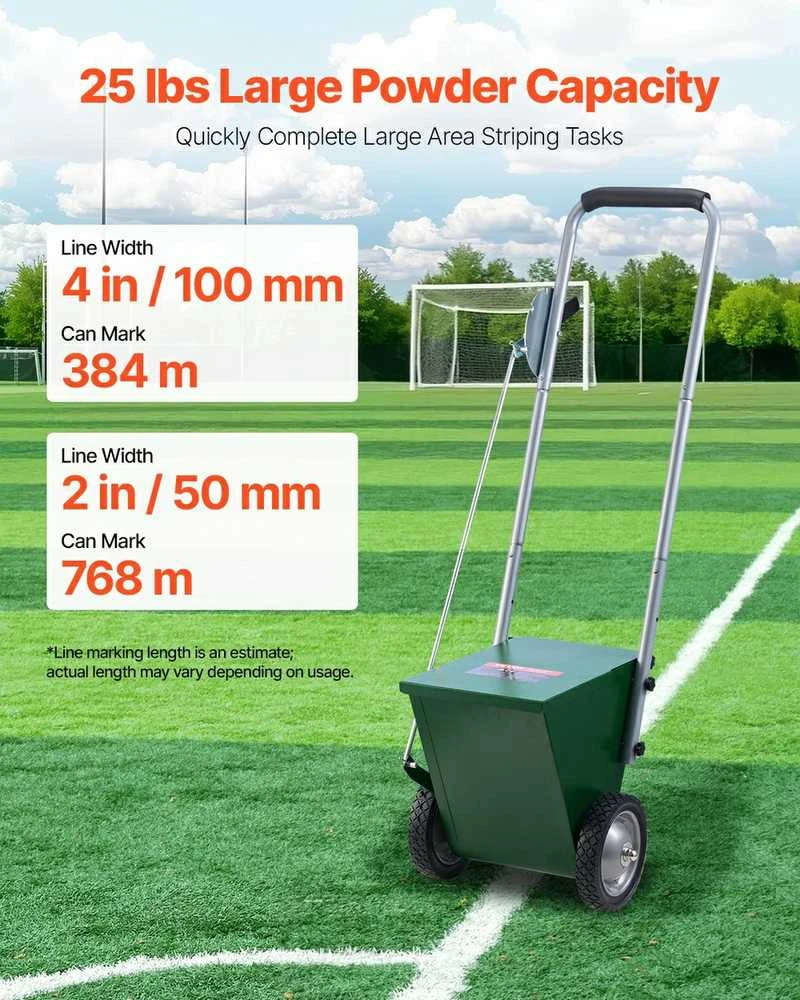 Sausų linijų žymėjimo įrenginys, 2 ratų, tvirtas plieno kreidintuvas, 11.3kg talpa, miltelių purkštuvas