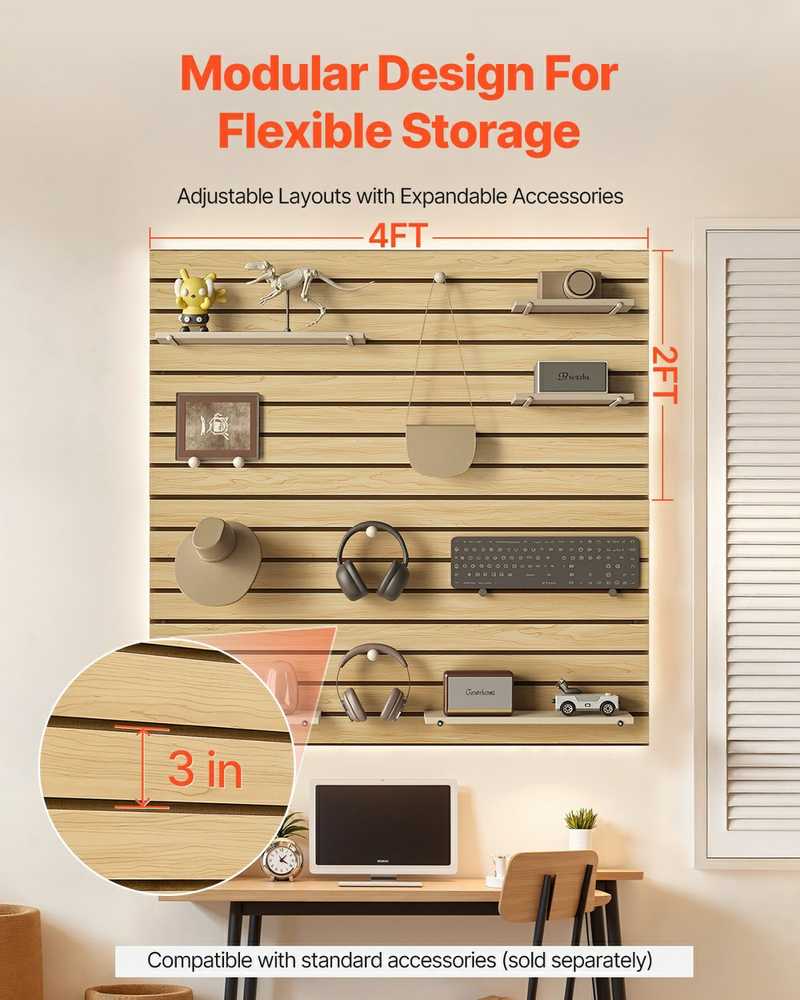 Sieninė plokštė 1220 x 1220 mm, MDF natūrali, moduliuojama, garažui, 1.5 m², lamelių sienelė, lentynų sistema